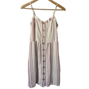 Maurices Linen Blend Dress Sz XS Pink Cream Button Front POCKETS! Easter Spring